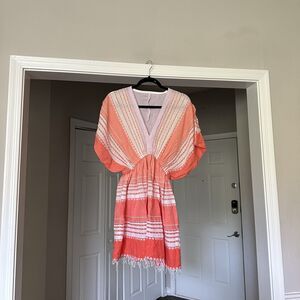 Lemlem Eshal Short Plunge Neck Dress in Tangerine XS 100% Cotton Orange Pink